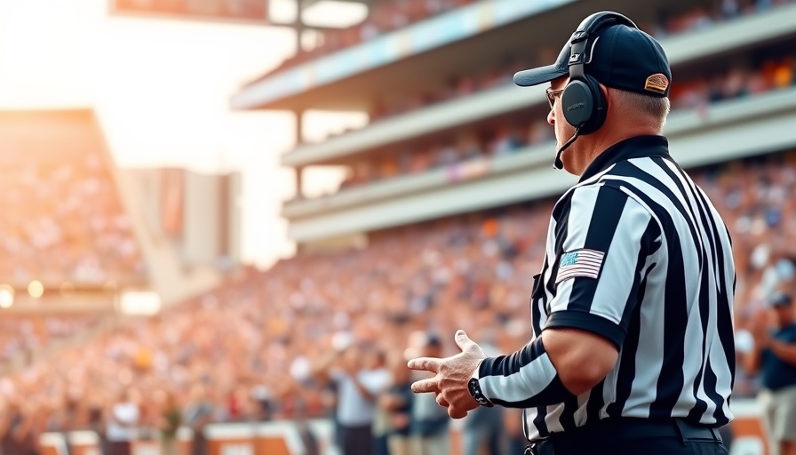 Football coach and referee discussing on field, game action scene