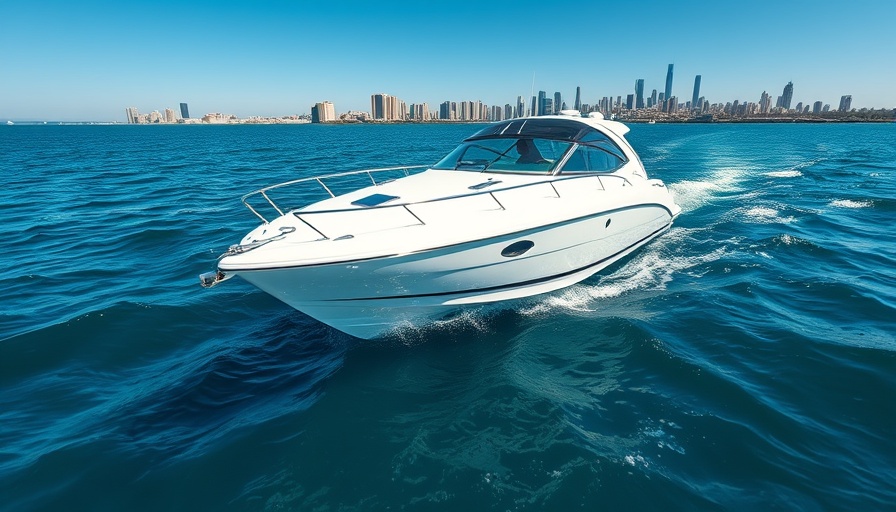 Boating in Venice Florida, motorboat on blue water with city skyline.
