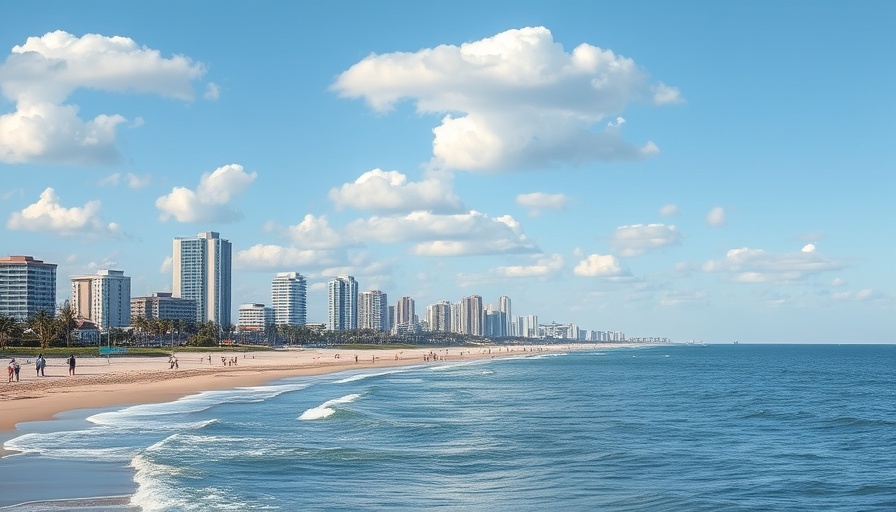 Peaceful beach walk amid shark alerts, urban skyline backdrop.