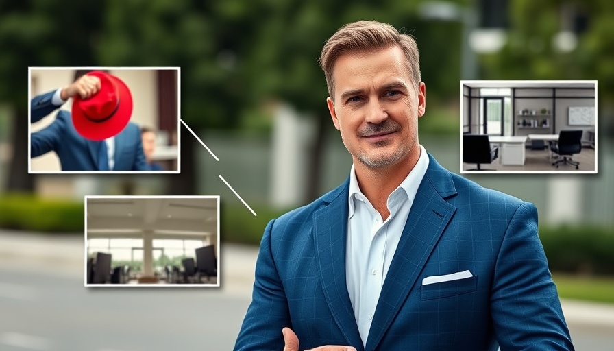 Confident man in suit with insets of activities, outdoors.