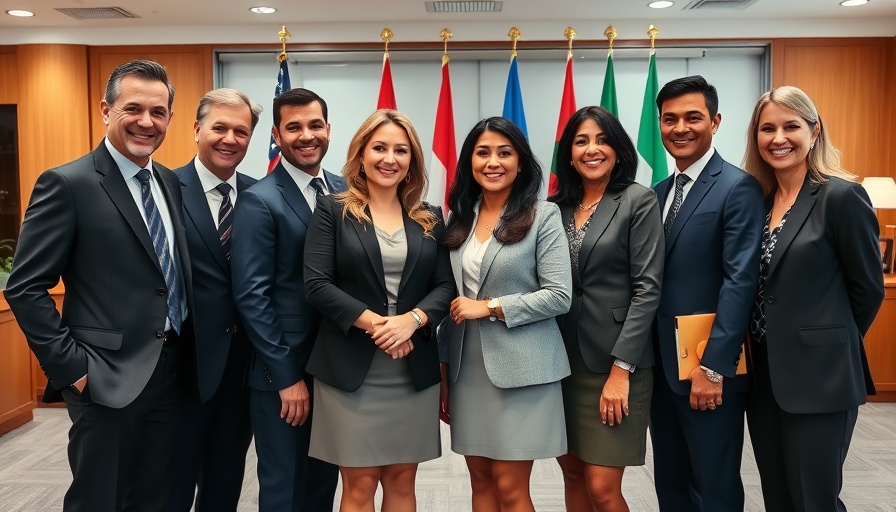 Professionals posing together in an office setting, photorealistic.