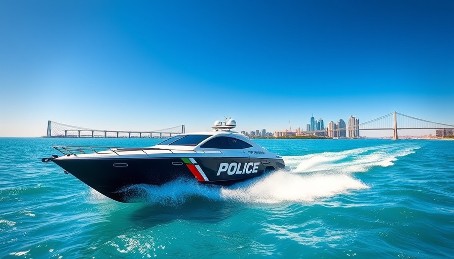 Police boat patrolling near Orange Beach with bridge in background