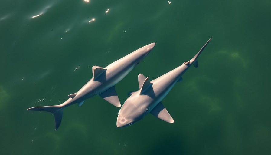 Aerial view of two sharks swimming in clear green water.
