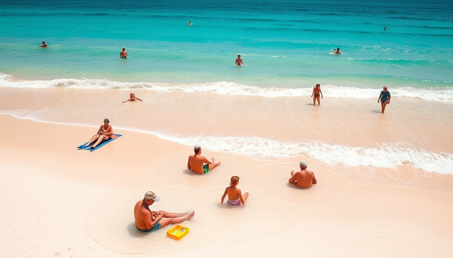 Serene beach scene with families enjoying the day, shark attack context.