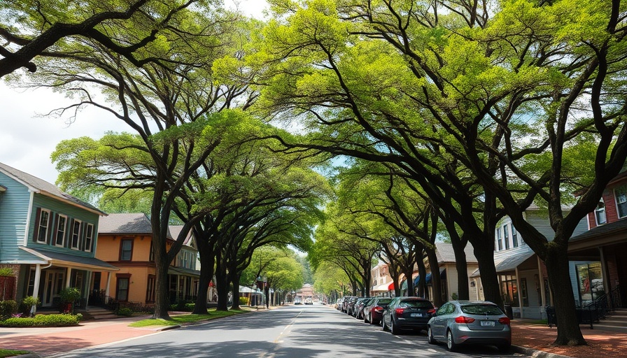 Charming street in Foley under blue sky with trees and halo lights.