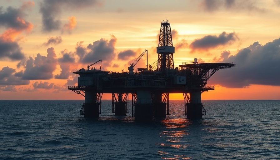 Offshore drilling platform at sunset on the Atlantic Coast.