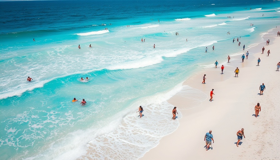 Bright sunny beach with people enjoying the waves, shark attack alert.