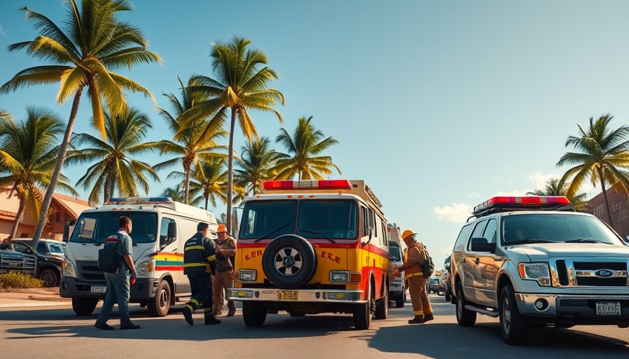 Emergency response near ambulance under sunny sky, shark attack safety context.