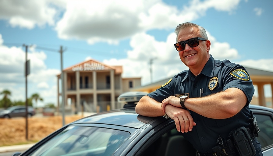 Officer of the Month Gulf Shores, smiling officer by patrol car.