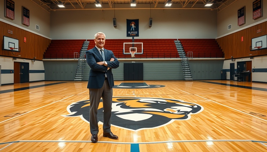 First female athletic director of Foley High School standing on lion logo in gym.