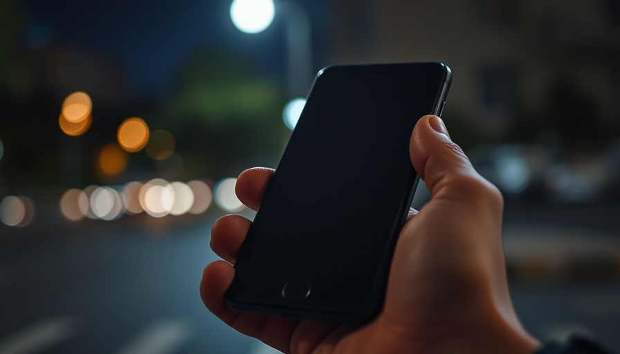Close-up of a smartphone held in hand at night, reflecting an upside-down face, relating to trump mobile controversy.