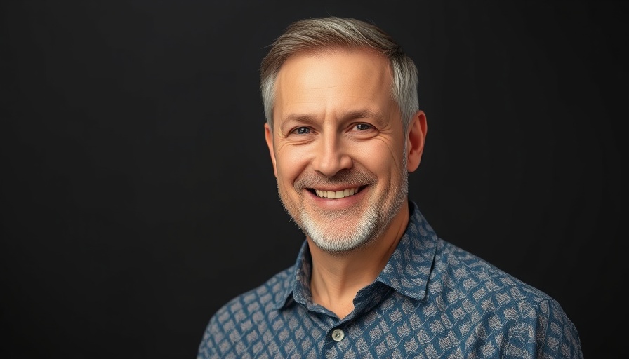Smiling middle-aged man portrait with patterned shirt and grey background.