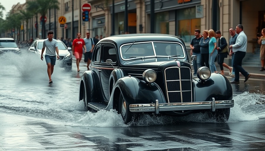 Black car braves flood caused by Hurricane Erick in urban area.