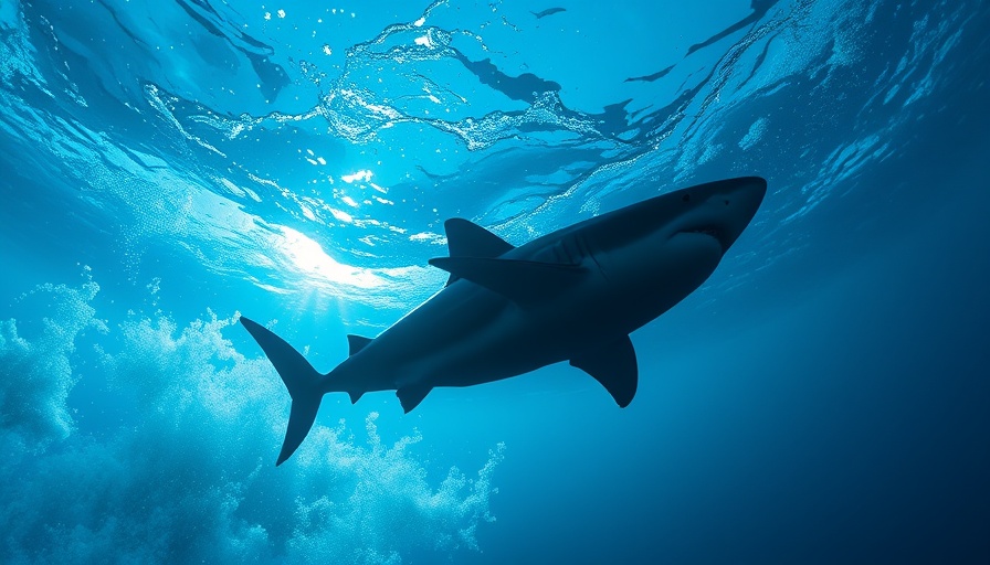 Silhouetted shark beneath blue ocean surface conveying shark attack.