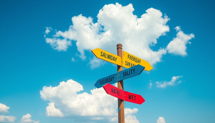 Directional signpost with days of the week in a blue sky, Gulf Coast summer events.