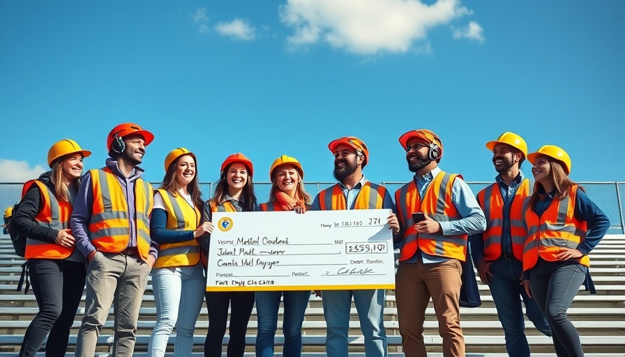 Group smiling in a stadium holding a large check, Orange Beach.