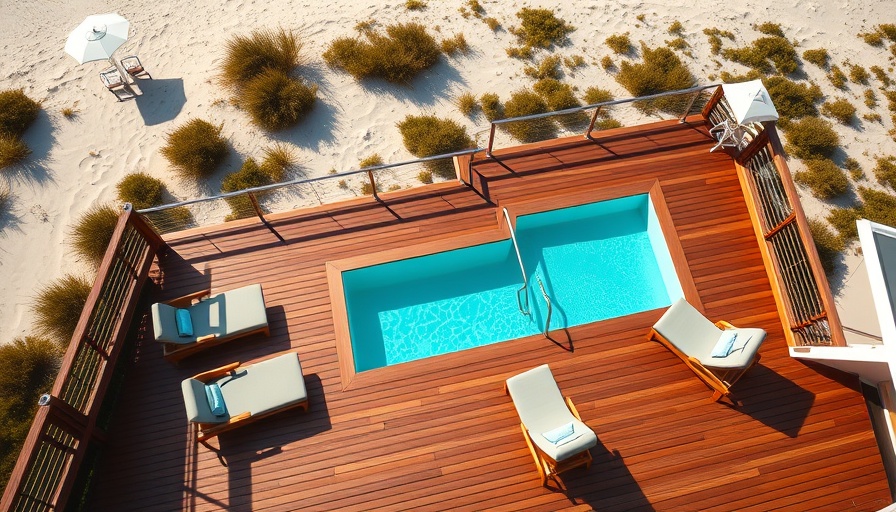 Aerial view of pool on Alabama's coastal beaches, sunny deck.