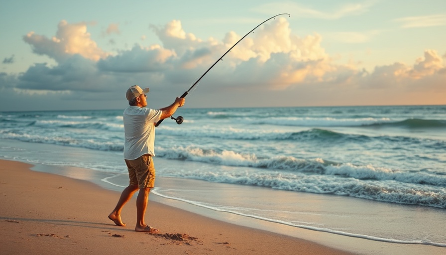 Man practicing sunset surf fishing techniques on a sandy beach.