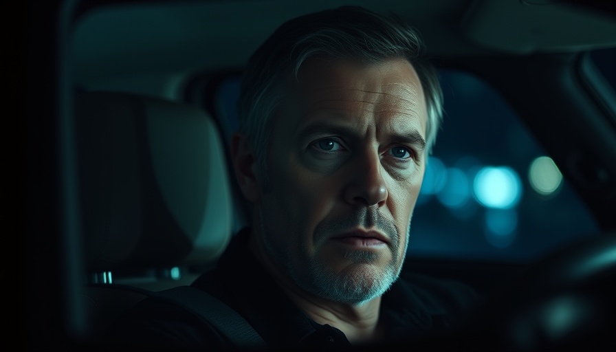 Man inside a car at night, thoughtful expression, dim lighting.