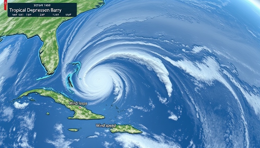 Weather map showing Tropical Storm Barry's path and speed.