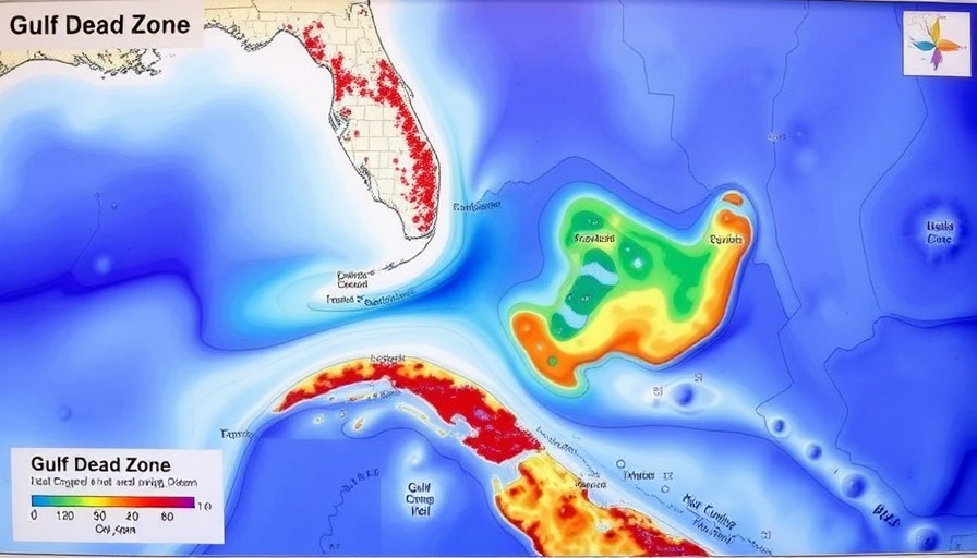 Map showcasing Gulf Dead Zone and oxygen levels.