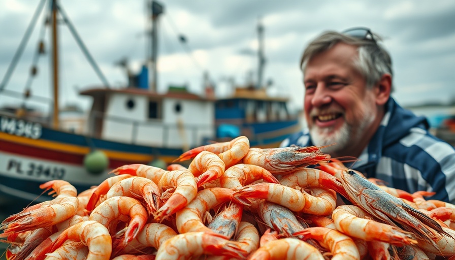 Fresh Louisiana Gulf shrimp with man and fishing boat in harbor.