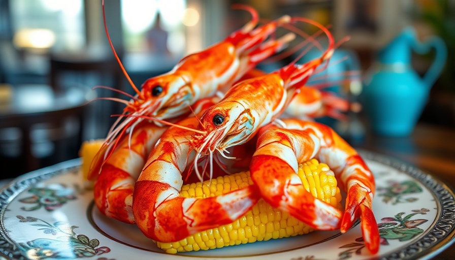 Close-up of Gulf of America shrimps on a decorative plate.