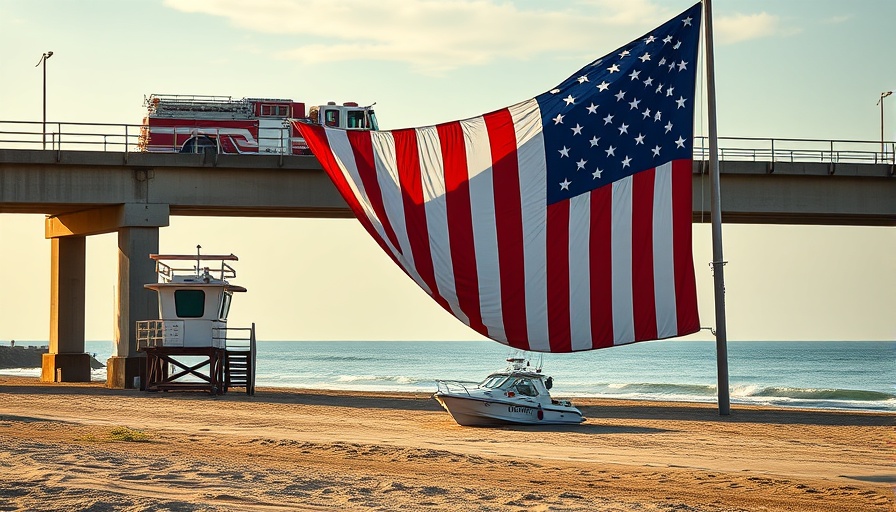 American flag on bridge over Orange Beach with boat below.