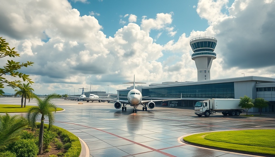 Gulf Shores airport expansion view with airplane and control tower.