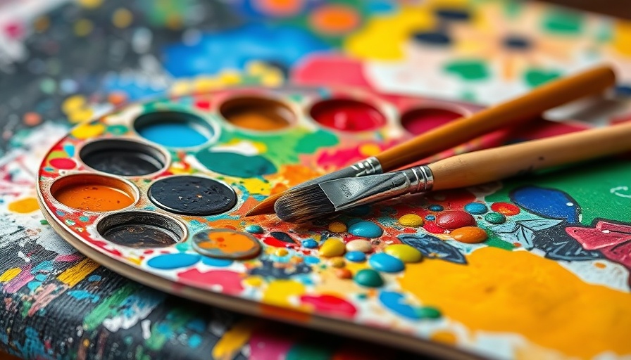 Artistic tools on a colorful canvas related to Gulf Coast Shrimp Festival Poster Controversy.