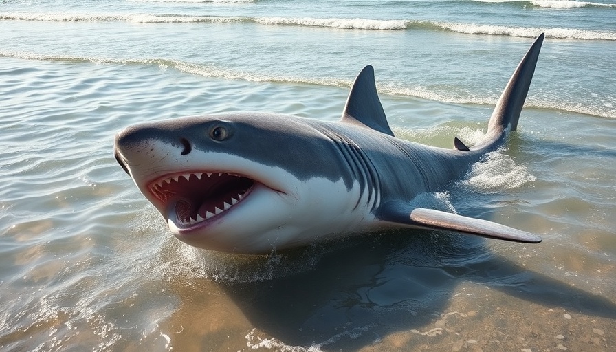 Two researchers handle a large tiger shark at the water's edge.