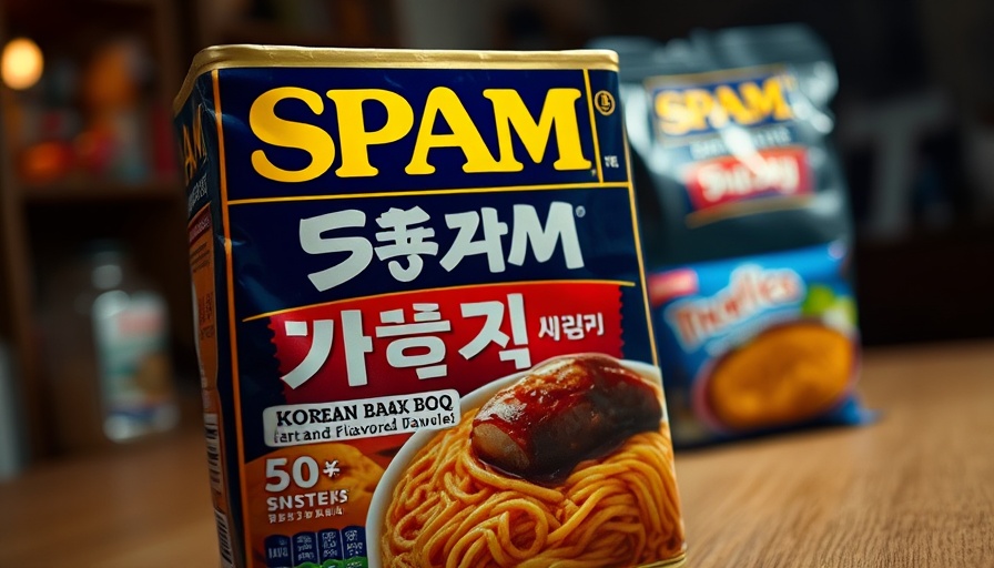 Korean BBQ flavored Spam ramen package with branding details.