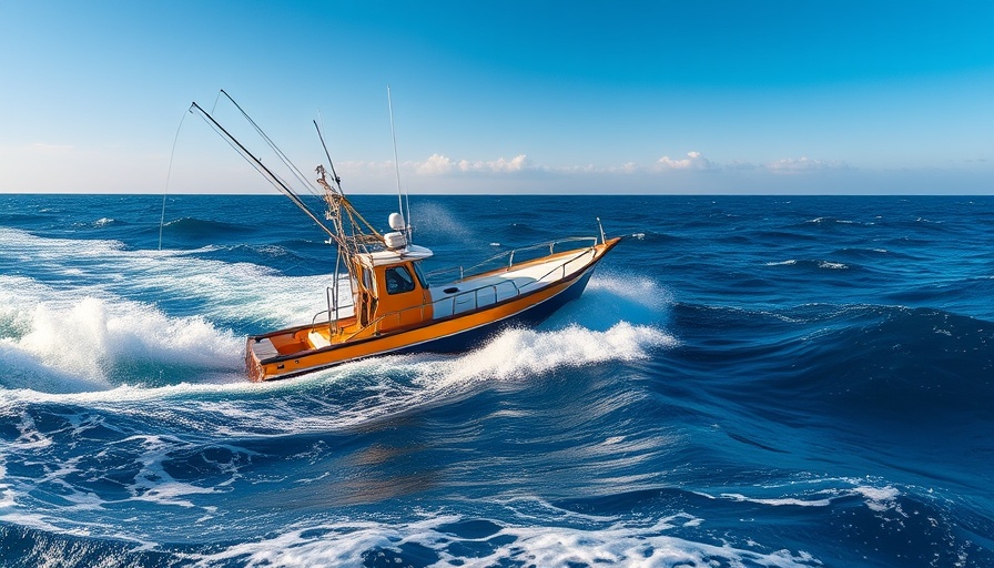 Fishing boat in blue ocean at Florida boating destination.