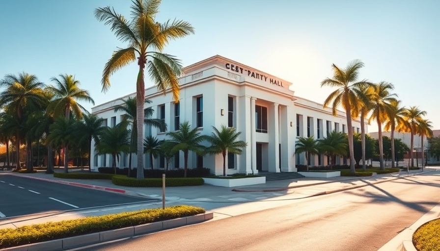 City hall at Orange Beach with palm trees and blue sky, promoting waterway cleanup.