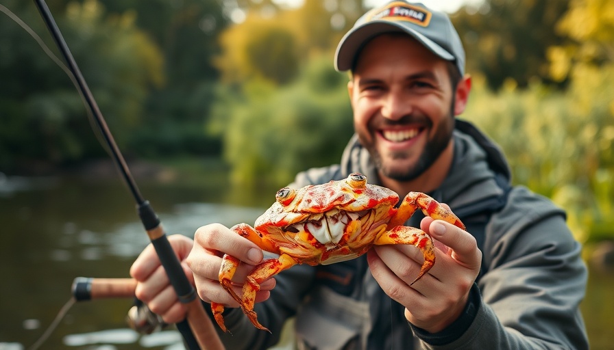 Man excitedly holding a crab while fishing with crabs