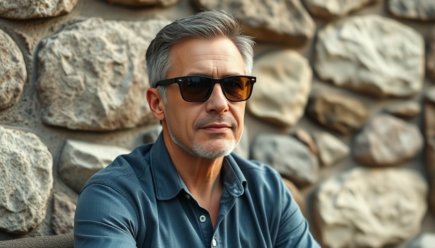 Middle-aged man with sunglasses in front of stone wall, reflecting a casual outdoor setting, for a culinary adventure in Nebraska.
