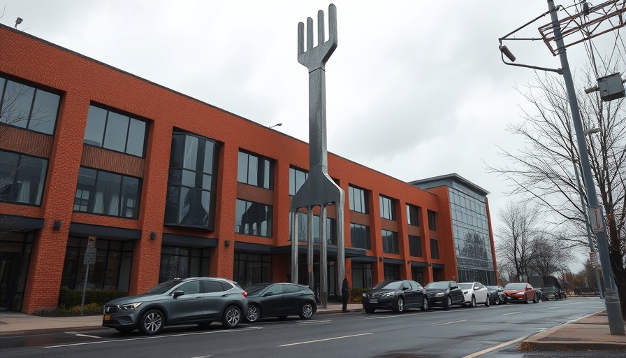 Large metal fork in urban setting near office building.