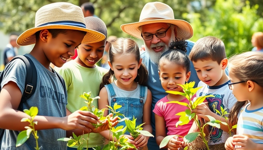 Children learning about plants outdoors at a public library event.