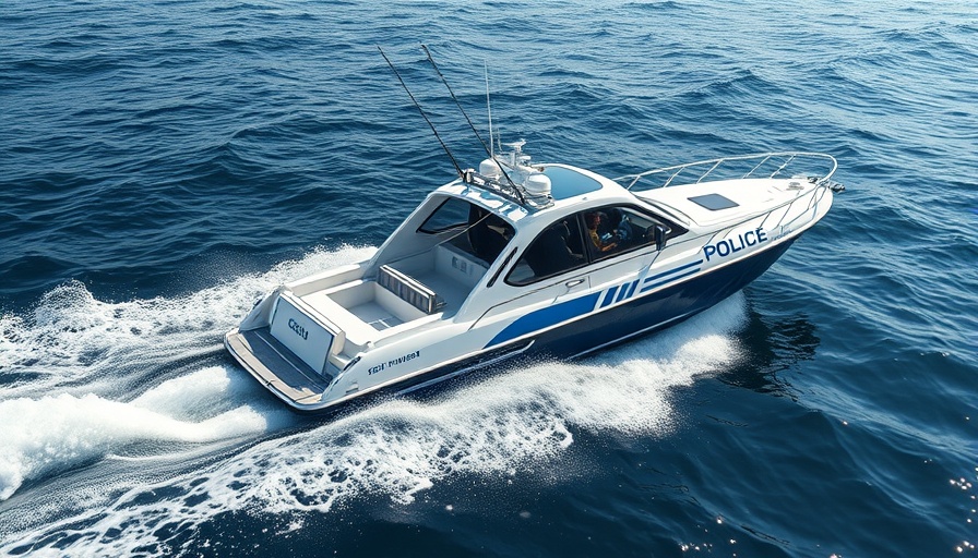 Sarasota Police patrol boat cruising Venice Florida inlet, photorealistic.