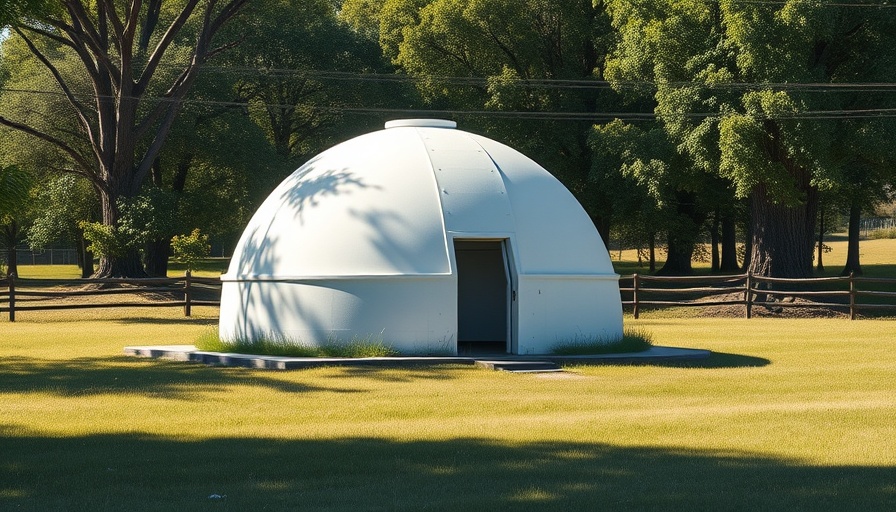 Dome-shaped bomb shelter on grass with fence and trees.
