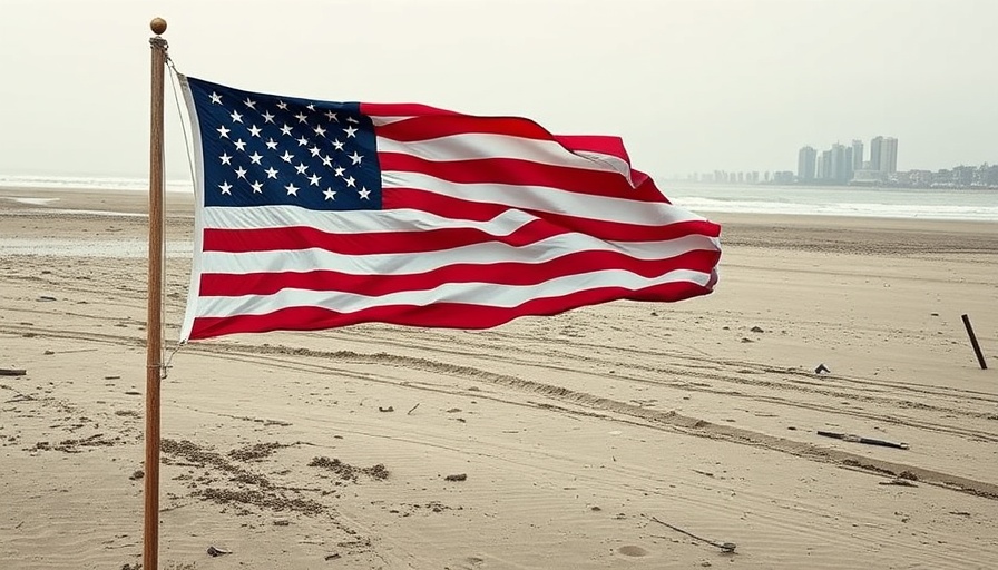 Gulf of Mexico hurricane forecast: tattered flag on stormy beach.