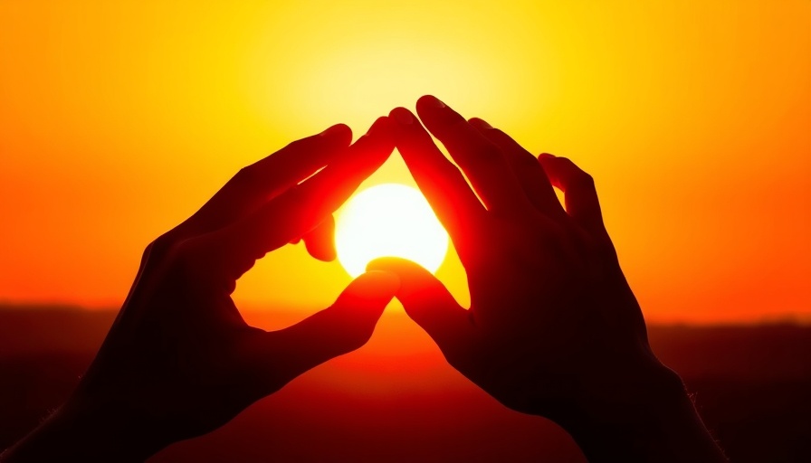 Hands silhouetted around setting sun, Alabama heat warning concept.