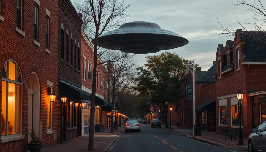 Small-town street in Humansville with UFO in sky, Missouri travel.