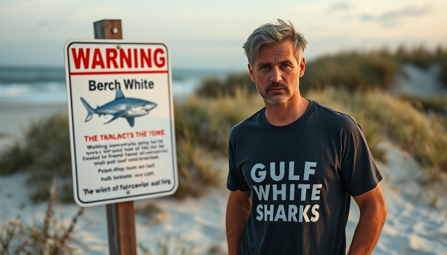 Man stands next to shark warning sign at Gulf beach.