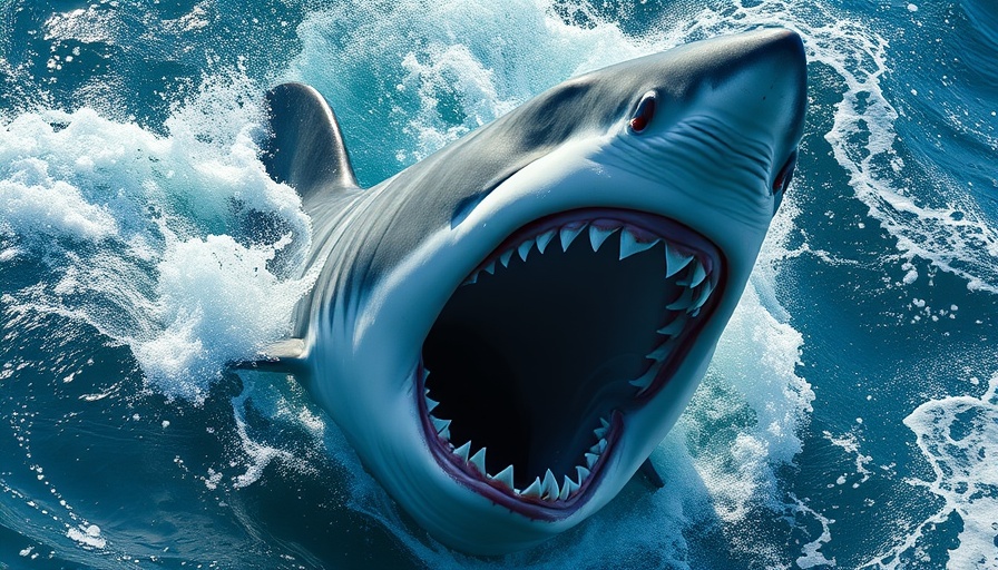 Great white shark visibly breaking surface Gulf Coast waters.