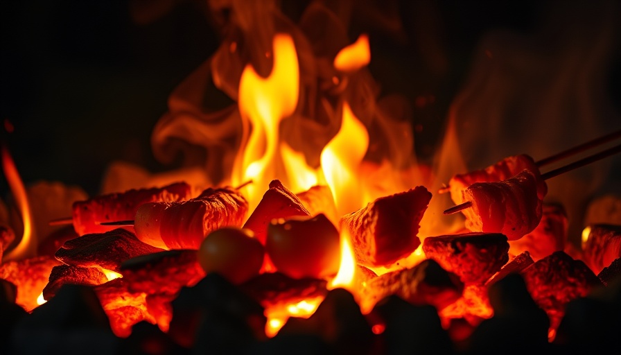 Close-up of sizzling grilled food at an outdoor cookout, capturing glowing embers.