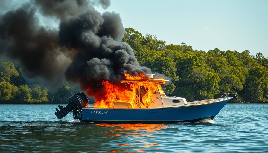 Boat catches fire in Pensacola Bay with smoke and flames visible.