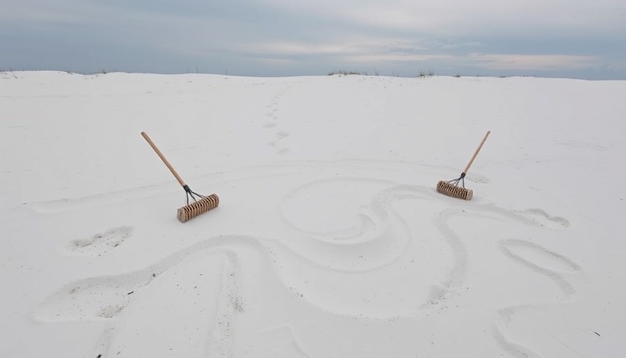 Sand sculpture and rakes on Alabama Gulf Coast beach, serene scene.