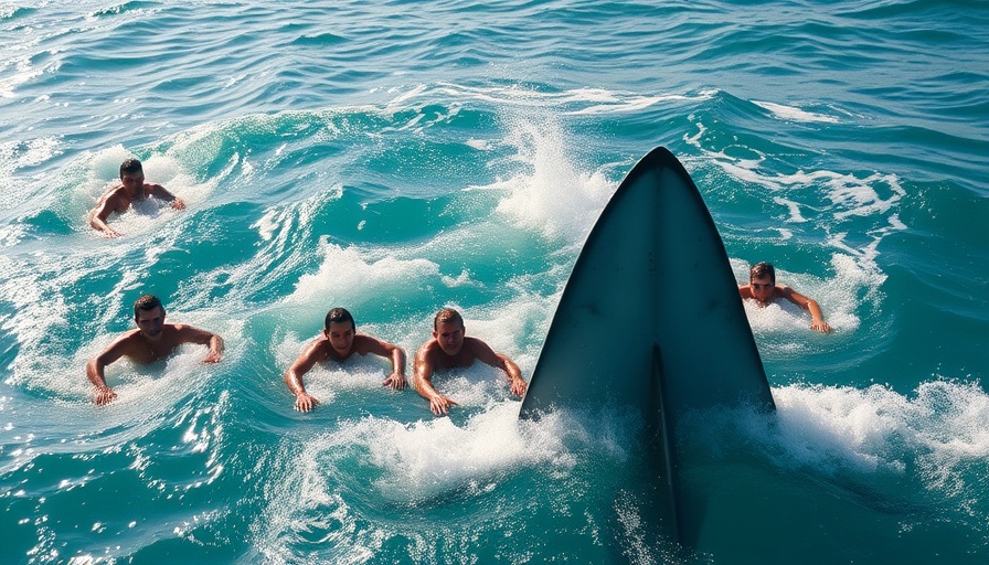 Shark approaching swimmers in ocean, dramatic scene