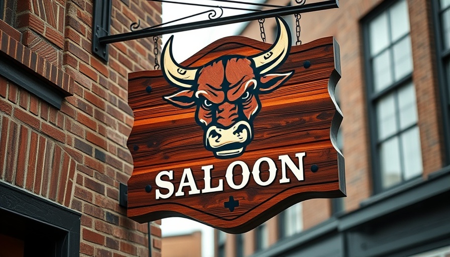 Wild Greg's Saloon sign with bull mascot on brick wall.